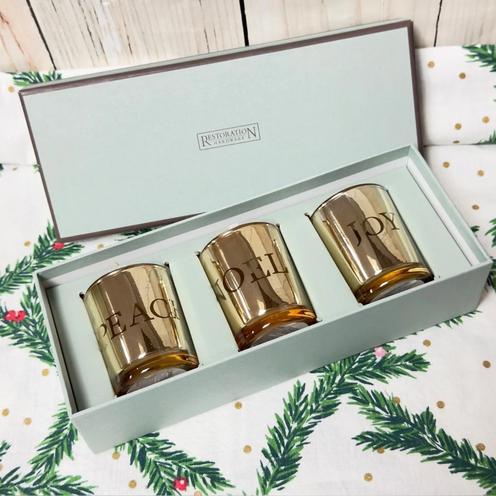 Restoration Hardware Christmas Set Of 3 Gold tea light Candle Votive Holders